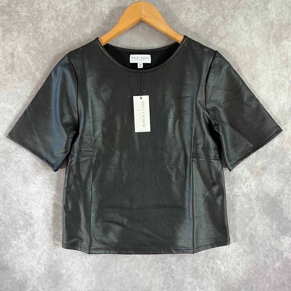 Ripley Rader Faux Leather Top Womens Size 2‎ Small Black Short Sleeve Vegan Tee